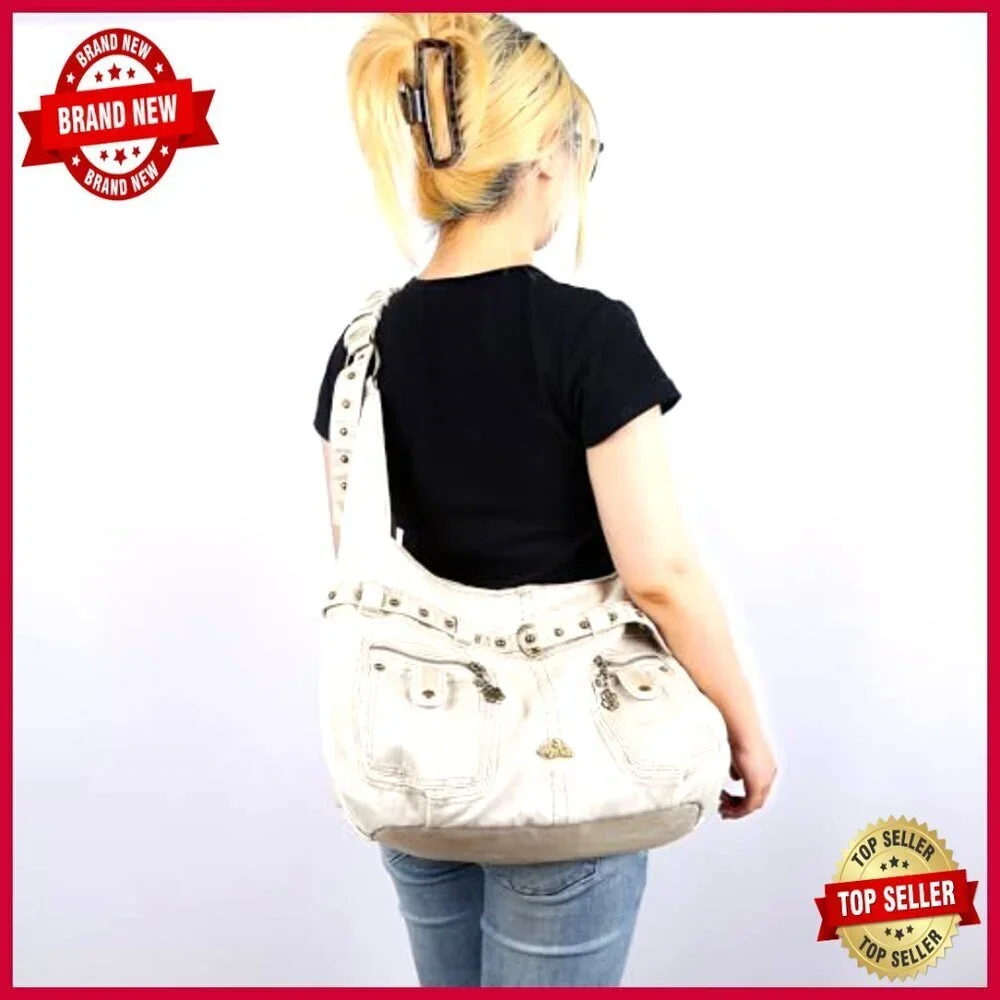 Large Vegan Leather Hobo Shoulder Bag with Studs and Multiple Pockets